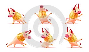 Chinese new year mascot â€“Â collection of traditional art oriental bull animal character isolated on white background.